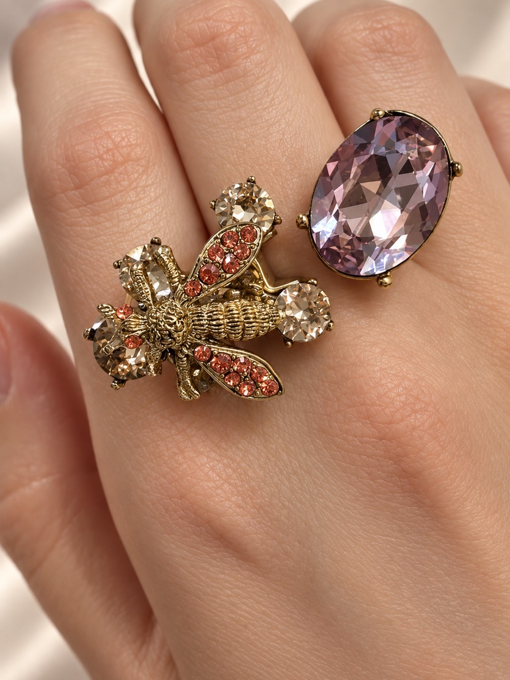 Oscar de la Renta Gold Bee Ring with Orange and Lavender Crystals